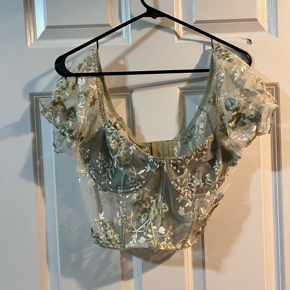 ROMWE Green Sheer Top with Embroidery